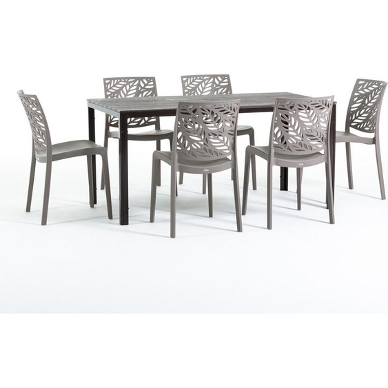 Set de salle à manger dextérieur avec table rectangulaire 156x78 cm et 6 chaises empilables en résine renforcée de fibres de verre - design moderne imitation bois, idéal pour le jardin, la terrasse et les espaces extérieurs couverts - THOMAS+DAFNE -
