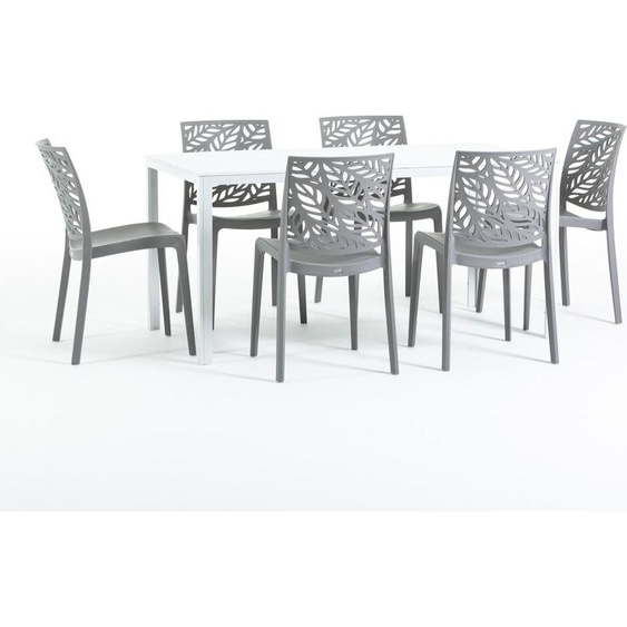 Set de salle à manger dextérieur avec table rectangulaire 156x78 cm et 6 chaises empilables en résine renforcée de fibres de verre - design moderne imitation bois, idéal pour le jardin, la terrasse et les espaces extérieurs couverts - THOMAS+DAFNE - Gris