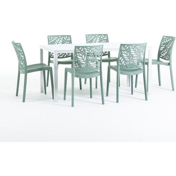Set de salle à manger dextérieur avec table rectangulaire 156x78 cm et 6 chaises empilables en résine renforcée de fibres de verre - design moderne imitation bois, idéal pour le jardin, la terrasse et les espaces extérieurs couverts - THOMAS+DAFNE - Vert