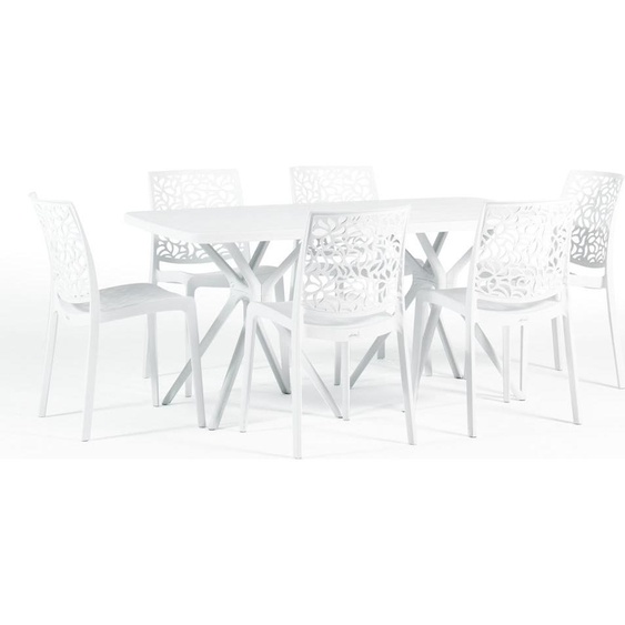 Set de salle à manger dextérieur avec table rectangulaire 158x84 cm et 6 chaises empilables en résine renforcée de fibres de verre - design moderne et coloré, idéal pour le jardin, la terrasse et la véranda - OLIVER+ANNA - blanc/blanc
