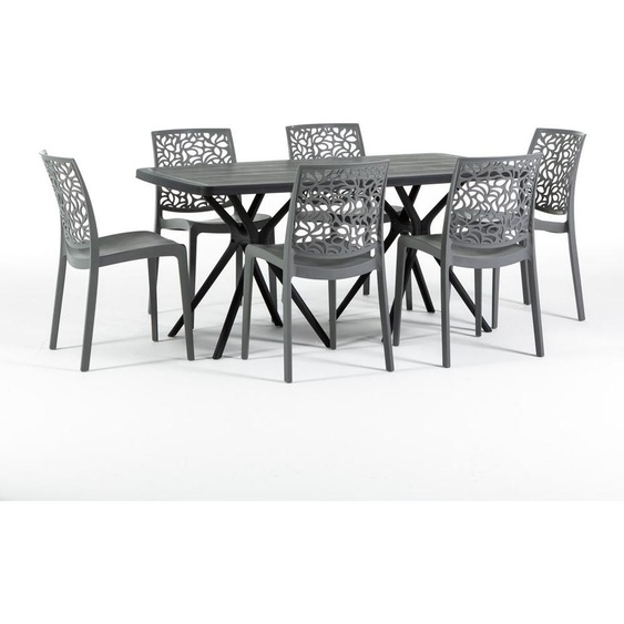 Set de salle à manger dextérieur avec table rectangulaire 158x84 cm et 6 chaises empilables en résine renforcée de fibres de verre - design moderne et coloré, idéal pour le jardin, la terrasse et la véranda - OLIVER+ANNA - Gris foncé/Anthracite