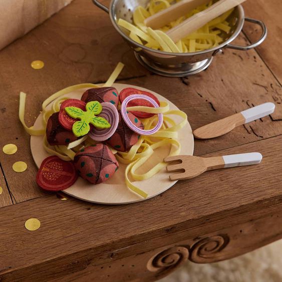Set de spaghettis en bois FSC® et feutrine jaune