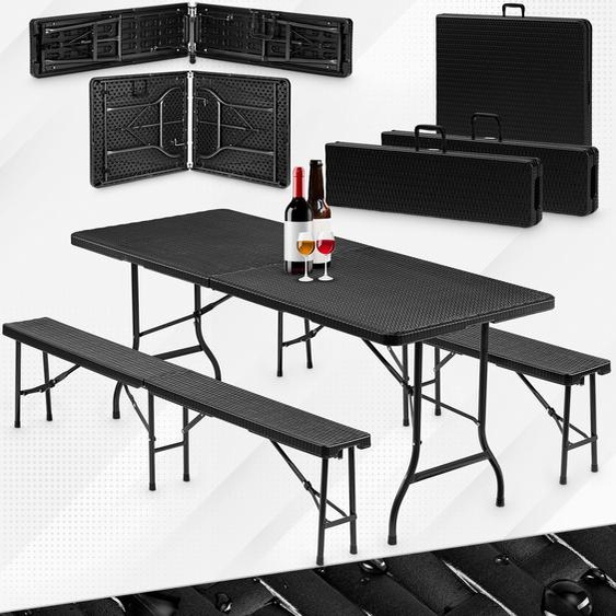 Set de table de tente à bière 3 pièces + 2x banc, résistant aux intempéries pour lintérieur et lextérieur, pliable avec poignées, plastique - aspect rotin anthracite