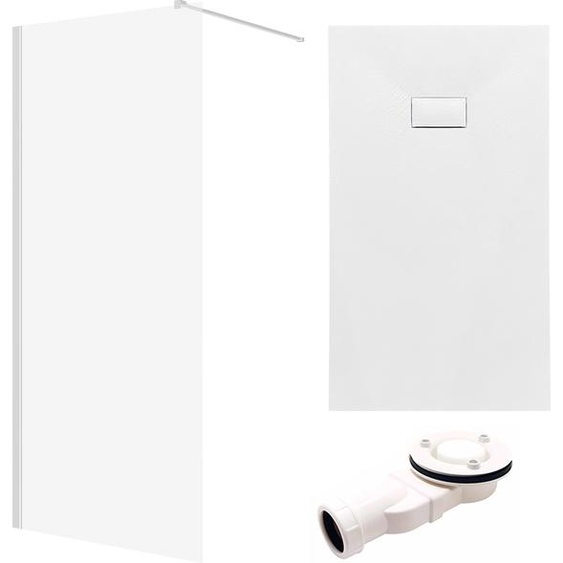 SET Douche à litalienne 100x195 + Receveur 80x100 - Rectangle Transparent Trempé 8 mm Nano Verre Blanc Aspect Pierre SMC Siphon inclus | BADLAND KETIL VIDAR