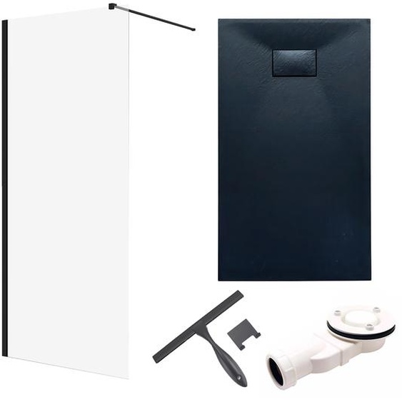 SET Douche à litalienne 100x195 + Receveur de douche 80x100 - Rectangulaire Durci Nano Verre Noir Pierre SMC incl. siphon & raclette de bain| BADLAND KETIL VIDAR