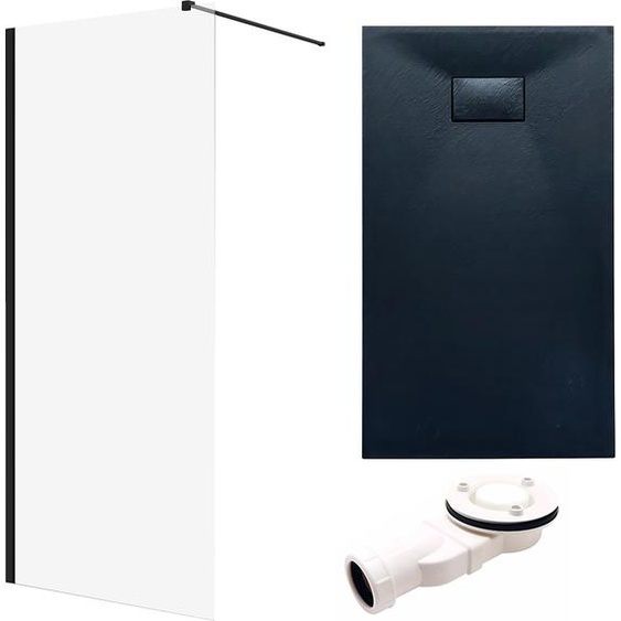 SET Douche à litalienne 100x195 + Receveur 80x120 Rectangle Transparent Durci 8 mm Nano Verre Noir Aspect Pierre SMC Siphon inclus | BADLAND KETIL VIDAR
