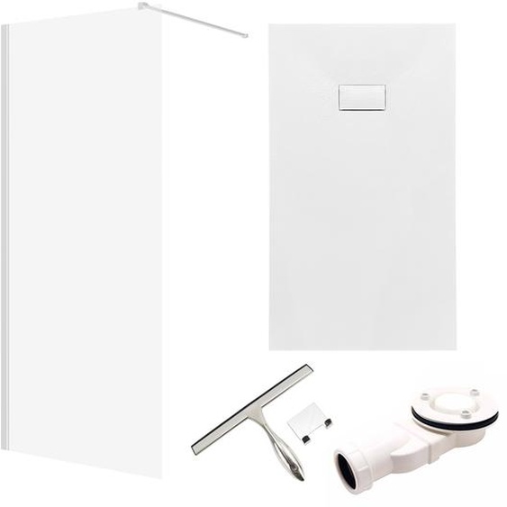 SET Douche à litalienne 100x195 + Receveur de douche 80x100 - Rectangulaire Durci 8 mm Nano Verre Blanc Aspect Pierre SMC y compris siphon & raclette | BADLAND KETIL VIDAR