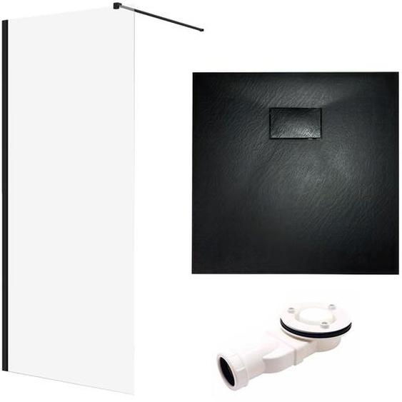 SET Douche à litalienne 80x195 + Receveur 80x80 Carré Transparent Durci 8 mm Nano Verre Noir Aspect Pierre SMC Siphon inclus | BADLAND KETIL VIDAR