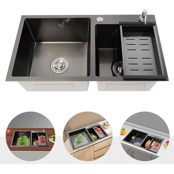 Set évier de cuisine - double évier - Acier inoxydable 304 - Sans robinetterie - Deux trous - Avec tuyaux de vidange, tamis, panier de vidange, distributeur de savon - Gris noir
