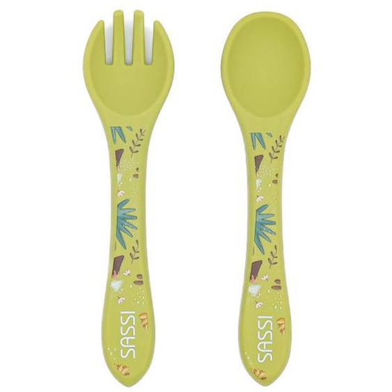 Set Fourchette Et Cuillère En Silicone Animaux Vert