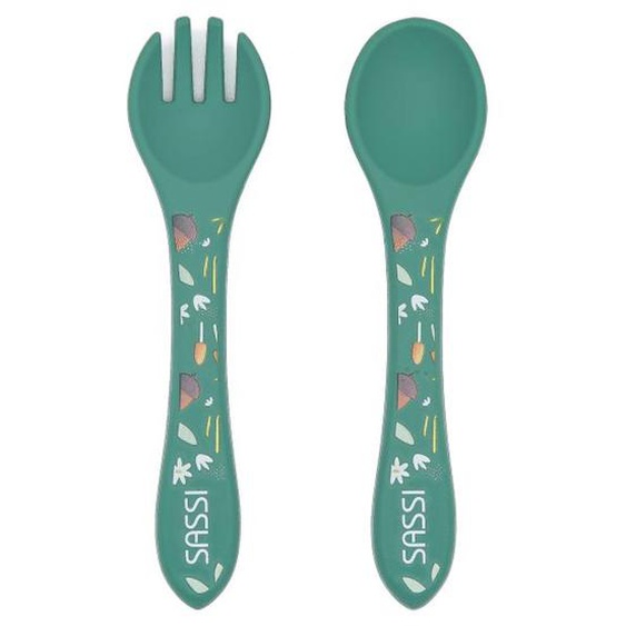 Set Fourchette Et Cuillère En Silicone Animaux Vert Paon