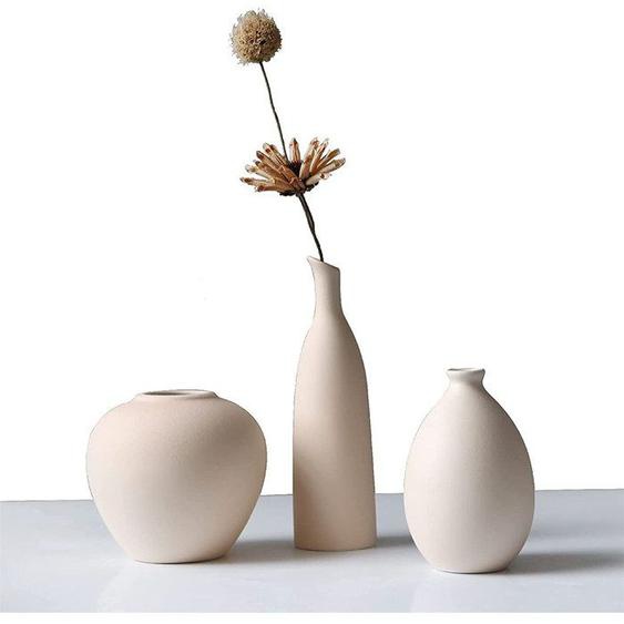 Set of 3 Ceramic Vases, Small Rustic Flower Vases for Home Décor, Shelf or Table Decoration, Beige