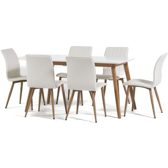 Set repas RUBEN - Table extensible MDF pieds bois + 6 chaises TANIA similicuir pieds effet bois