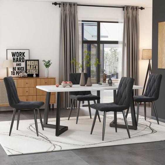 Set, Table à manger rectangulaire Set de cuisine moderne, Chaises de salle à manger en velours Twill gris foncé, Pieds noirs