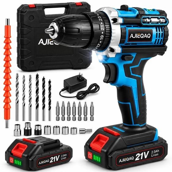 Set visseuse sans fil 21V, perceuse-visseuse à percussion avec 2 batteries Li-Ion 2,0Ah, 45Nm, 2 vitesses, éclairage LED, accessoires et coffret