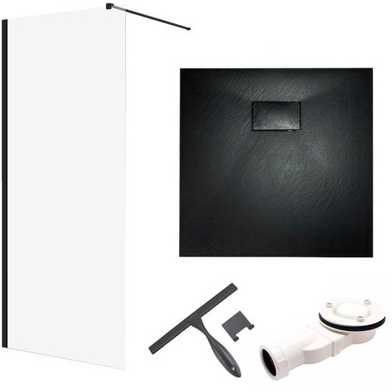 SET Walk-In Douche 80x195 + Receveur de douche 80x80 Carré Durci 8mm Nano Verre Noir Aspect Pierre SMC y compris siphon & raclette de bain | BADLAND KETIL VIDAR