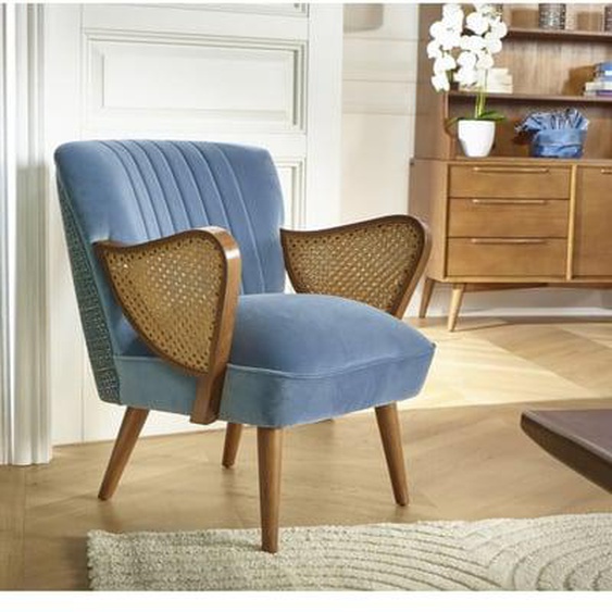 Fauteuil en hévéa, cannage, tissus tweed et velours SEVENTY