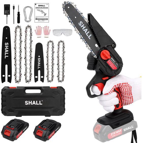 Shall Tool - shall Mini tronçonneuse / tronçonneuse électrique portable, 21 Volt, 2000 mAh, 2 batteries, 4 chaînes, rouge,Tronçonneuse à batterie