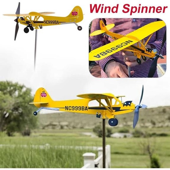 Shunmaii Girouette Piper J3 Cub avec indicateur de direction du vent, décor de jardin 3D, avion en métal, girouette, toit extérieur