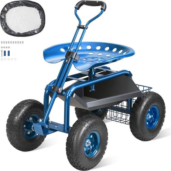 Siège à roulettes Chariot datelier en acier pouvant supporter jusquà 136kg Chariot de jardin avec poignée de 25cm et siège réglable en hauteur Chariot à roulettes 30PSI Pression des pneus Siège de travail Siège de jardin bleu