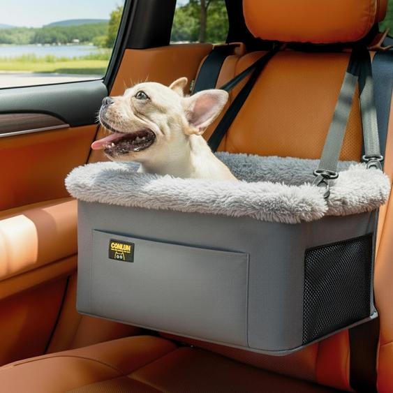 Siège auto pour chiens et chats de petite taille (jusquà 9 kg), pliable, avec cadre en acier, coussin lavable, couleur gris, dimensions : 40 x 33 x 22 cm