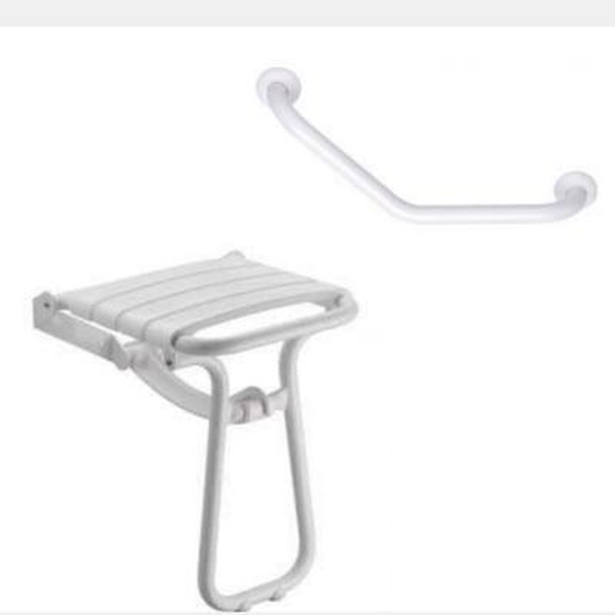 Siège de douche PMR escamotable et barre de maintien coudée PMR PELLET Essentiel confort 135 degré