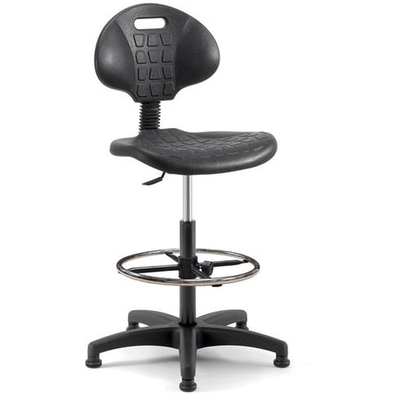 Siège dessinateur haut en Polyuréthane sur patins - Hauteur Réglable - Avec dossier et repose-pieds chromés - Noir