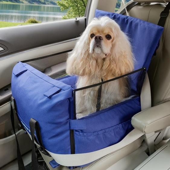 Siège élévateur pour chien, adapté aux petites et moyennes races, de couleur bleue, avec harnais de sécurité, poches de rangement et rembourrage en mousse à mémoire de forme