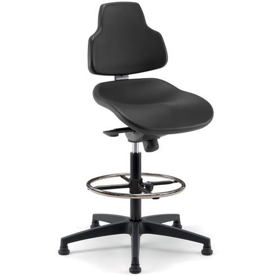 Siège haut JOKO sur patins - Assise ergonomique réglable en hauteur et inclinaison - PVC non feu M2  - Avec dossier et repose-pieds - Noir