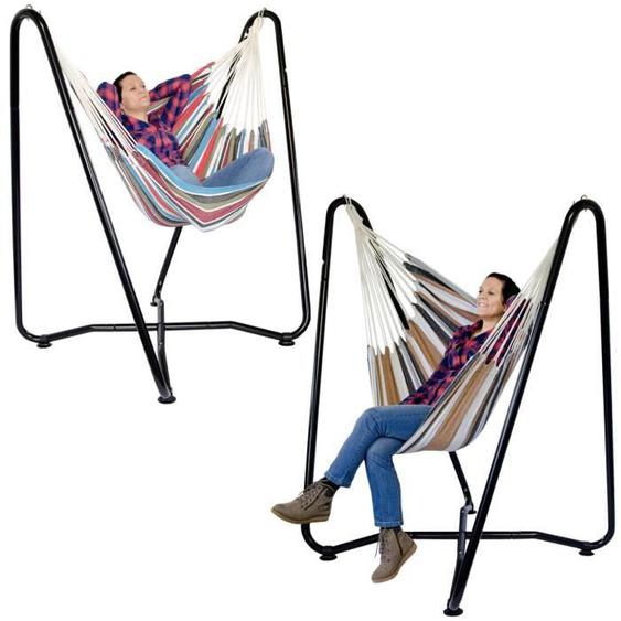 Siège suspendu en toile avec support en métal - AMANKA - Rayures Bleu et Vert - 175x100x155cm - Poids max 150kg