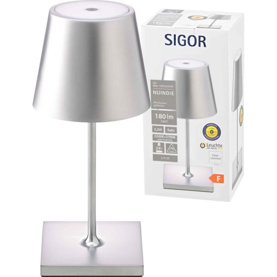 Sigor Nuindie Mini lampe de table rechargeable IP54 aluminium Easy Connect argenté
