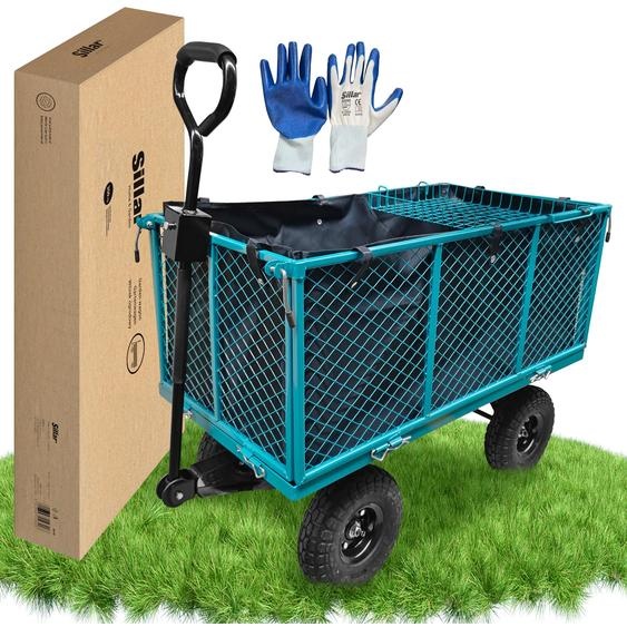 Sillar Chariot de jardin pliable 350 kg - Bollerwagen pliable Grille métallique avec 10 pneus gonflables & bâche, chariot de transport pliable pour le jardinage