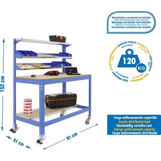 SIMONWORK MOBILE BT1 900 AZUL/MADEIRA Établi en métal