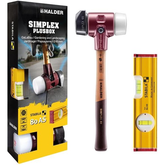 SIMPLEX-Plusbox Galabau, SIMPLEX-marteau de protection D60, composition en caoutchouc avec pied / superplastique plus niveau à bulle STABILA | 3027s024