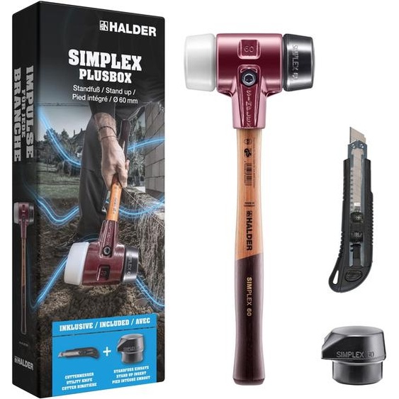 SIMPLEX-Plusbox Starterkit, marteau de protection SIMPLEX D60, composition de caoutchouc / superplastique, avec boîtier en fonte malléable ainsi quun insert de frappe en composition de caoutchouc avec pied et un cutter | 3027s027