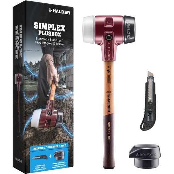 SIMPLEX-Plusbox Starterkit, marteau de protection SIMPLEX D80, composition de caoutchouc / superplastique, avec boîtier en fonte malléable ainsi quun insert de frappe en composition de caoutchouc avec pied et un cutter | 3027s028