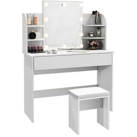 SIRHONA Coiffeuse avec Miroir et Tabouret Blanc avec Tiroir Grand et 4 Étagères Belle et élégante 108x40x140cm