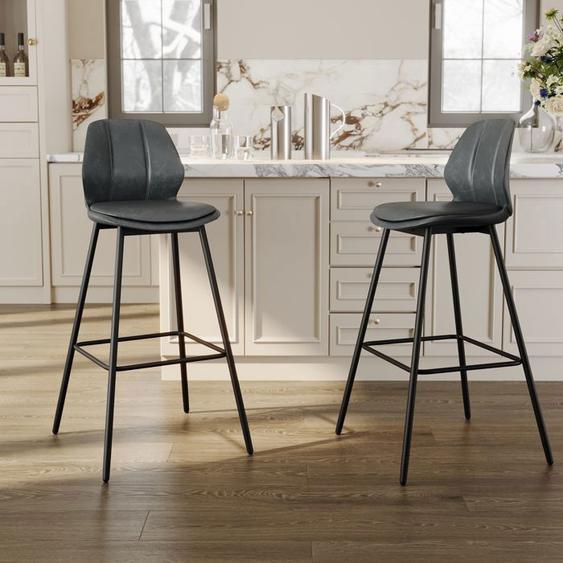 SIRHONA Tabouret de Bar Lot de 2 Tabourets de Bar Rétro Vintage avec Dossier pour Bar Bistro Café Cuisine,Siège en PU Gris