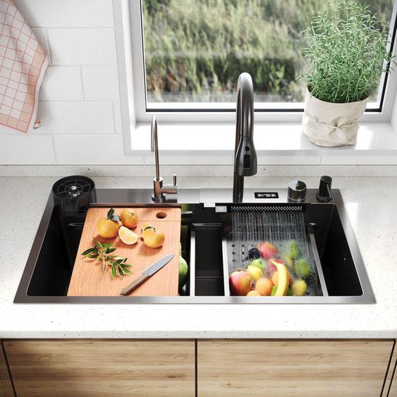 Sirhona - vier de Cuisine 1 Bac Acier inoxydable 304 avec bec cascade et robinet escamotable 80x45x23 cm avec affichage de la température