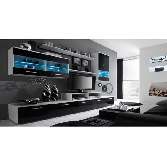 Skraut Home - Ensemble de meubles de salon-séjour avec ilumination LED, Blanc Mat/Noir Laqué. 250x194x42cm