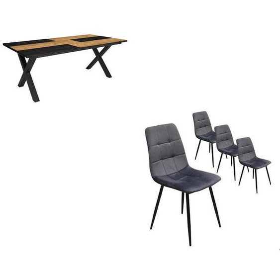 Skraut Home, Ensemble Meubles, Table manger, 200, Chêne et noir, Style industriel, Table manger, Chaises, RF2688