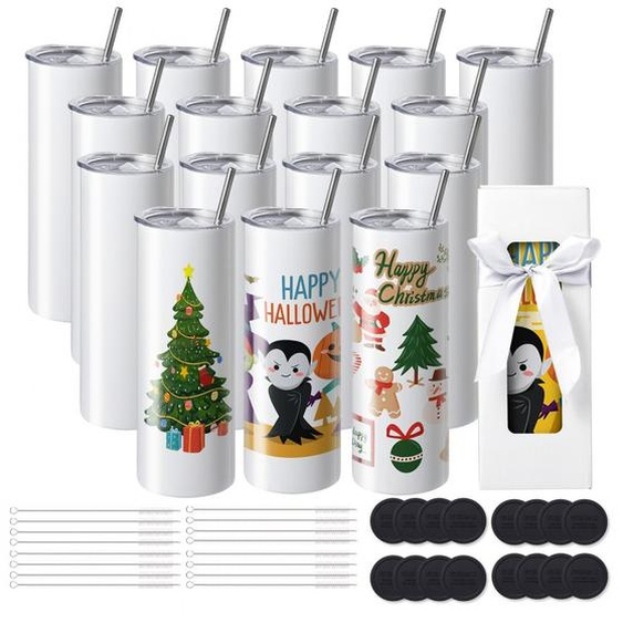 SM® - Pack de 16 gobelets droits à sublimation - 20 oz gobelets vierges - gobelet à double paroi en acier inoxydable avec paille, couvercle, brosse, fond - film rétractable - boîte cadeau - adapté à la presse à chaleur et au transfert de chaleur