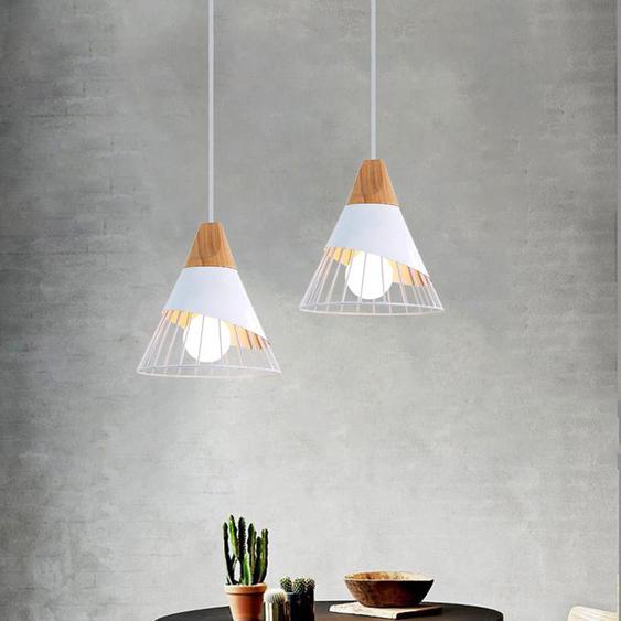 SNOGOLD 2PCS Lustre Vintage Industriel Bois Métal, E27 Suspension Luminaire Forme de Cône Cage Ø25cm Blanc pour Couloir Salon