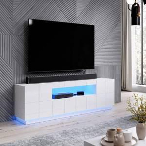 SO INSIDE Meuble TV design blanc brillant + LED 184 cm Flow