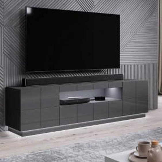 SO INSIDE Meuble TV design gris brillant + LED 184 cm Flow