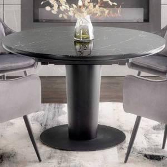SO INSIDE Table à manger ronde extensible noire avec plateau aspect marbre DOVE