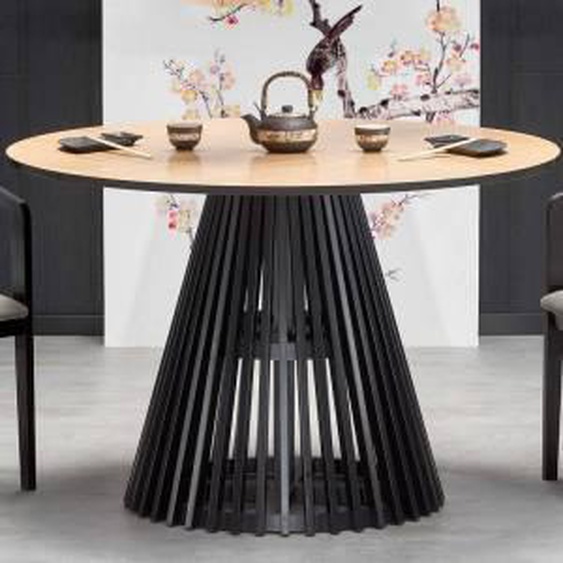 SO INSIDE Table de salle à manger contemporaine ronde avec plateau aspect chêne naturel et pied central noir OCTANT