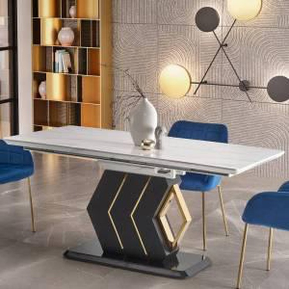 SO INSIDE Table extensible avec plateau aspect marbre blanc et pied central noir et doré WHALE