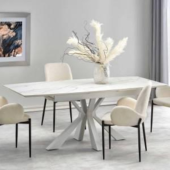 SO INSIDE Table extensible contemporaine avec plateau aspect marbre et pied central design blanc en métal HORN