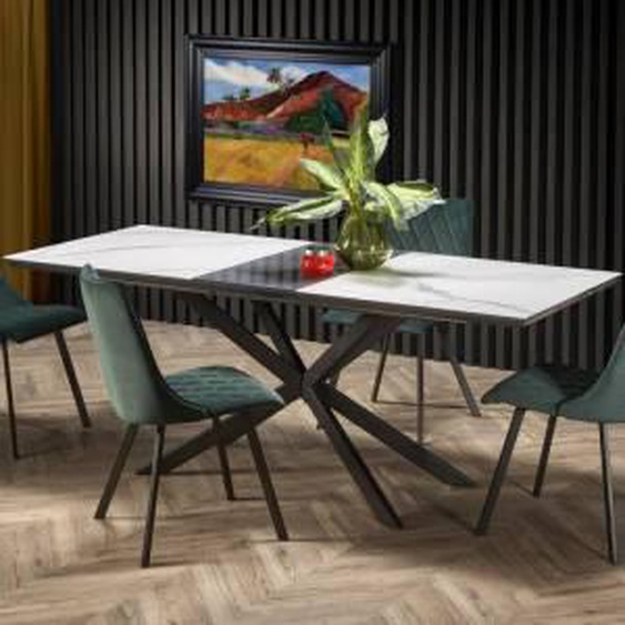 SO INSIDE Table salle à manger extensible avec plateau aspect marbre et pied central en métal noir ODUNA